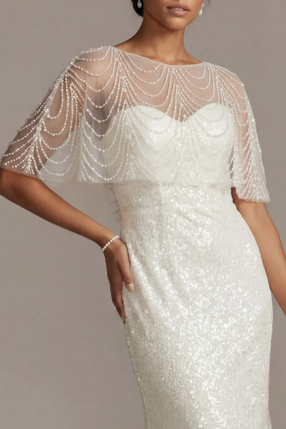 Sparkly White Mermaid Sequin Long Evening Dress with Pearls - Image 4