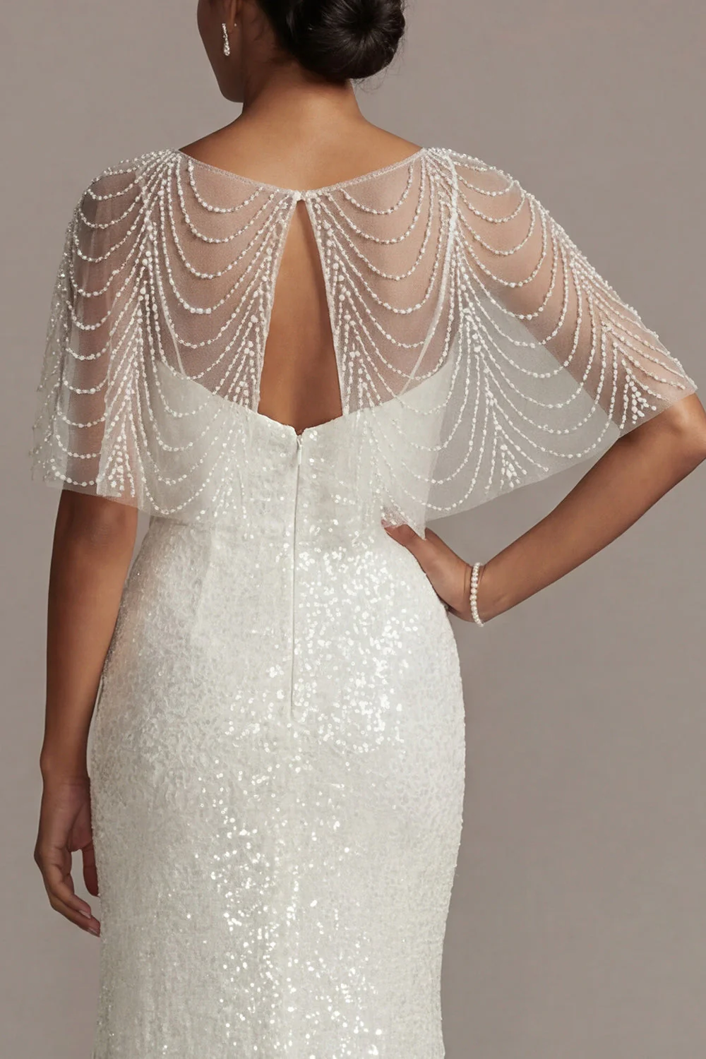 Sparkly White Mermaid Sequin Long Evening Dress with Pearls - Image 5