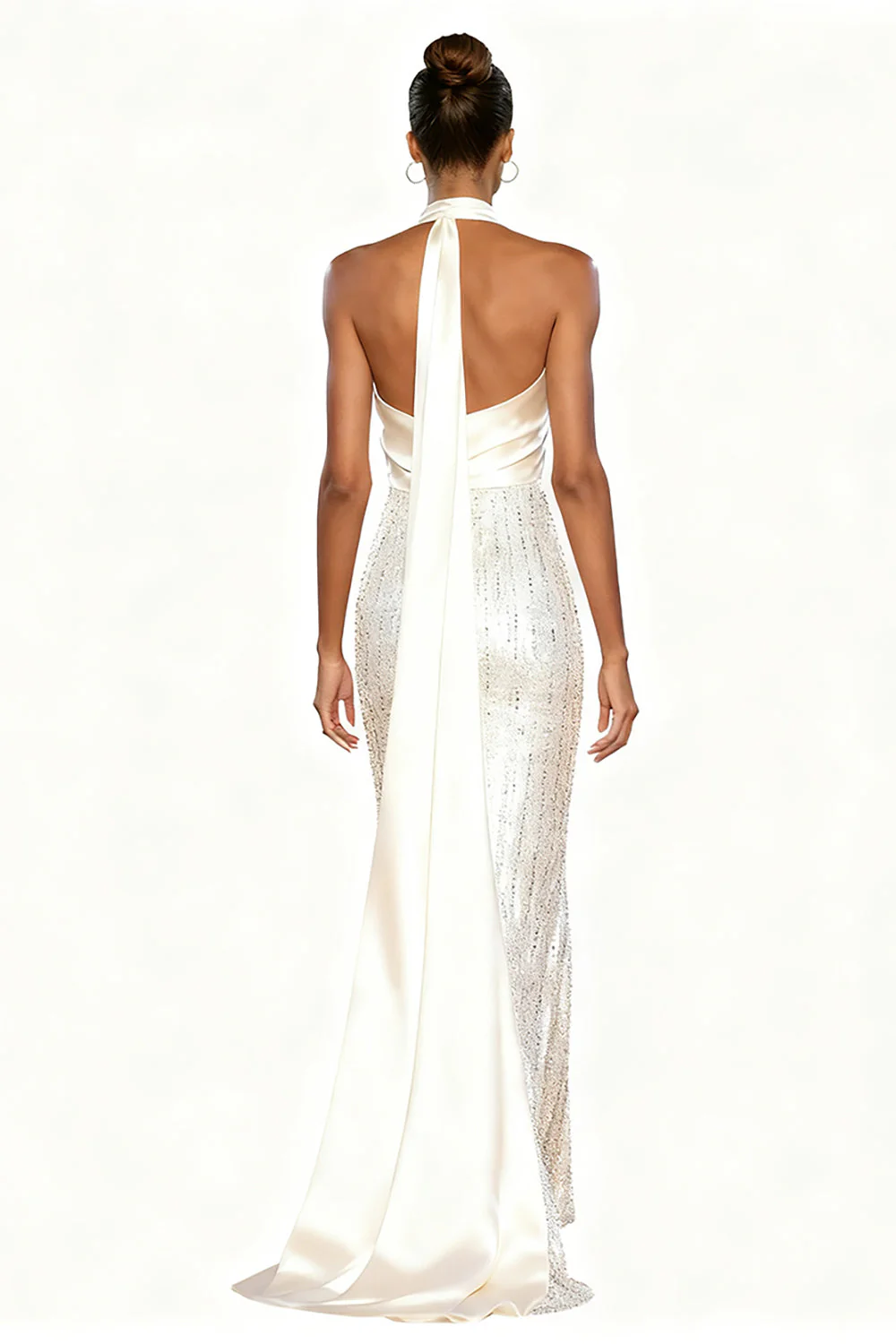 Sparkly White Satin Mermaid Halter Long Formal Dress - Image 2
