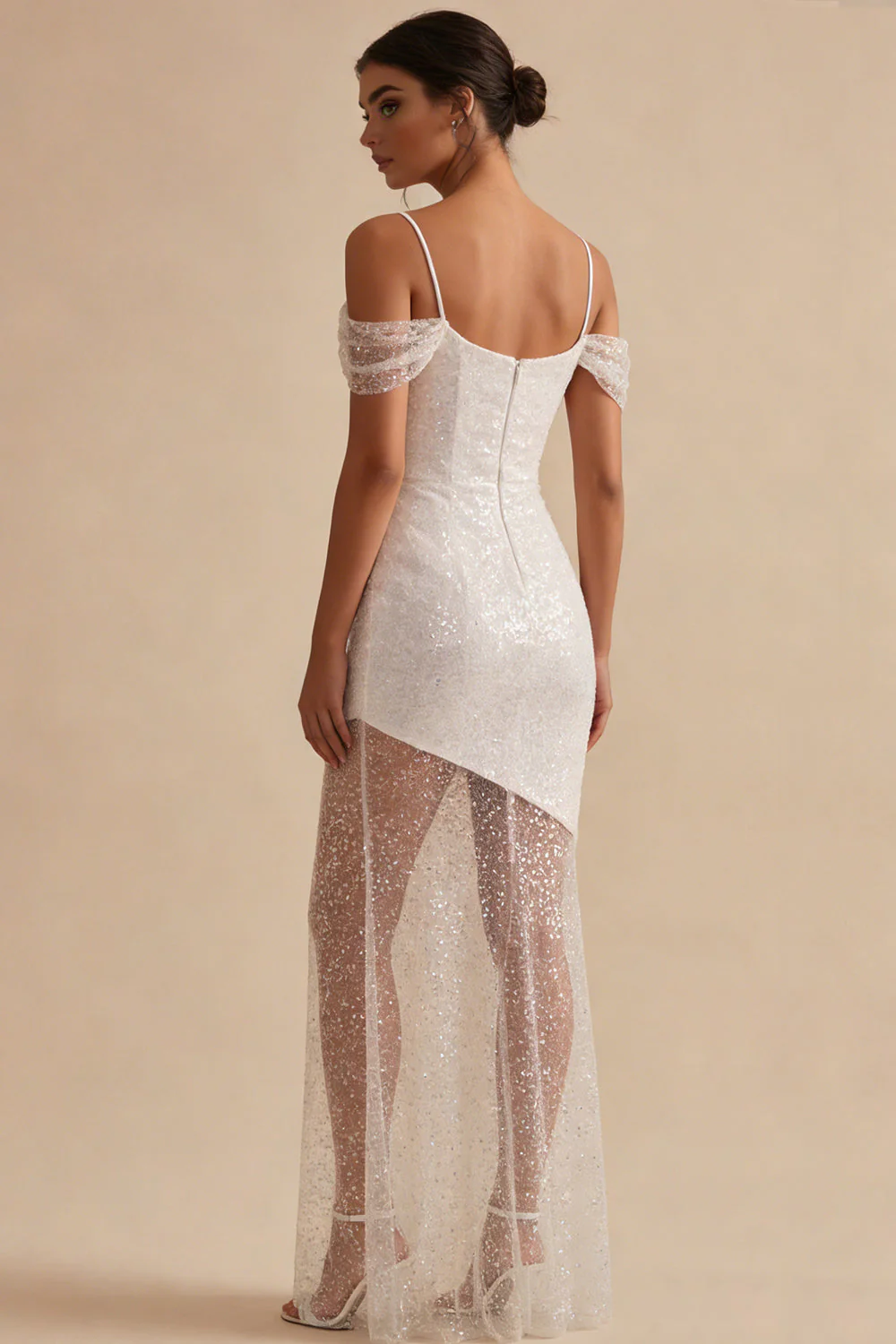 Sparkly White Sheath Cold Shoulder Long Bridal Shower with Sequins - Image 2