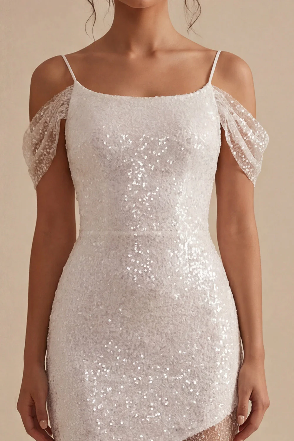 Sparkly White Sheath Cold Shoulder Long Bridal Shower with Sequins - Image 3
