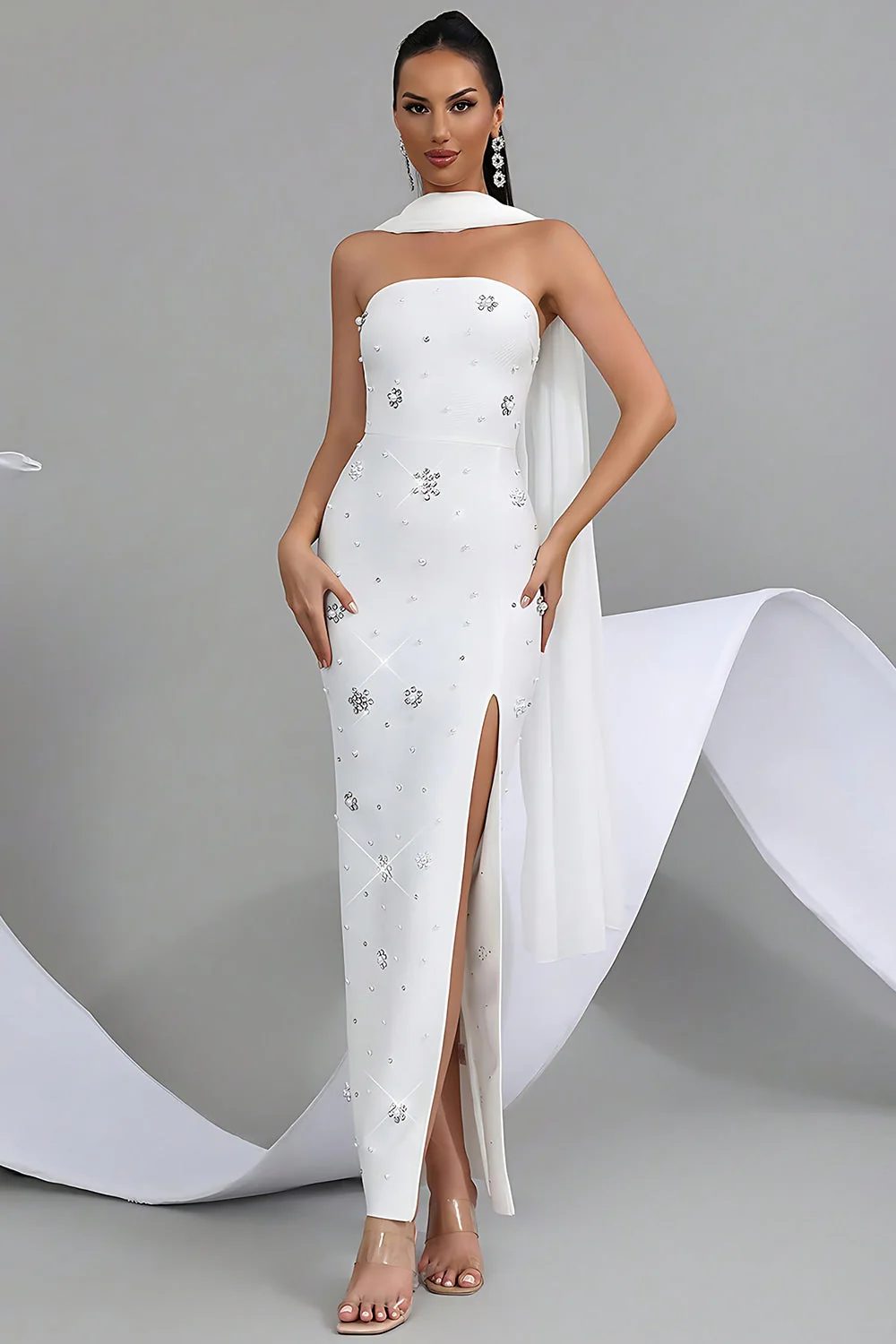 Sparkly White Strapless Sheath Convertible Long Prom Dress with Slit - Image 4