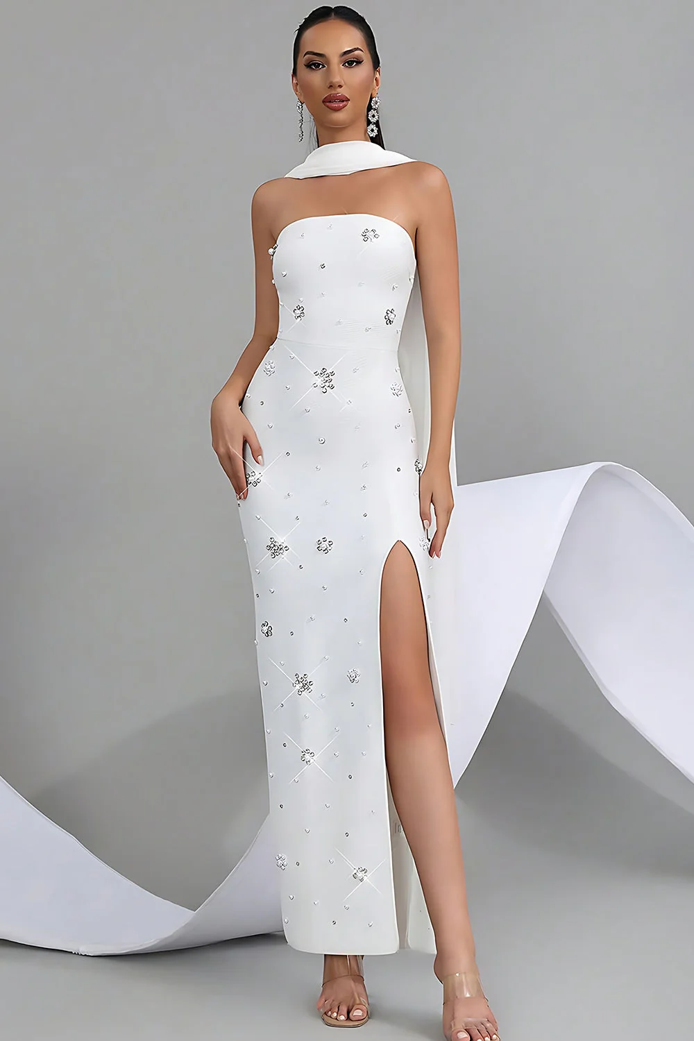 Sparkly White Strapless Sheath Convertible Long Prom Dress with Slit - Image 5
