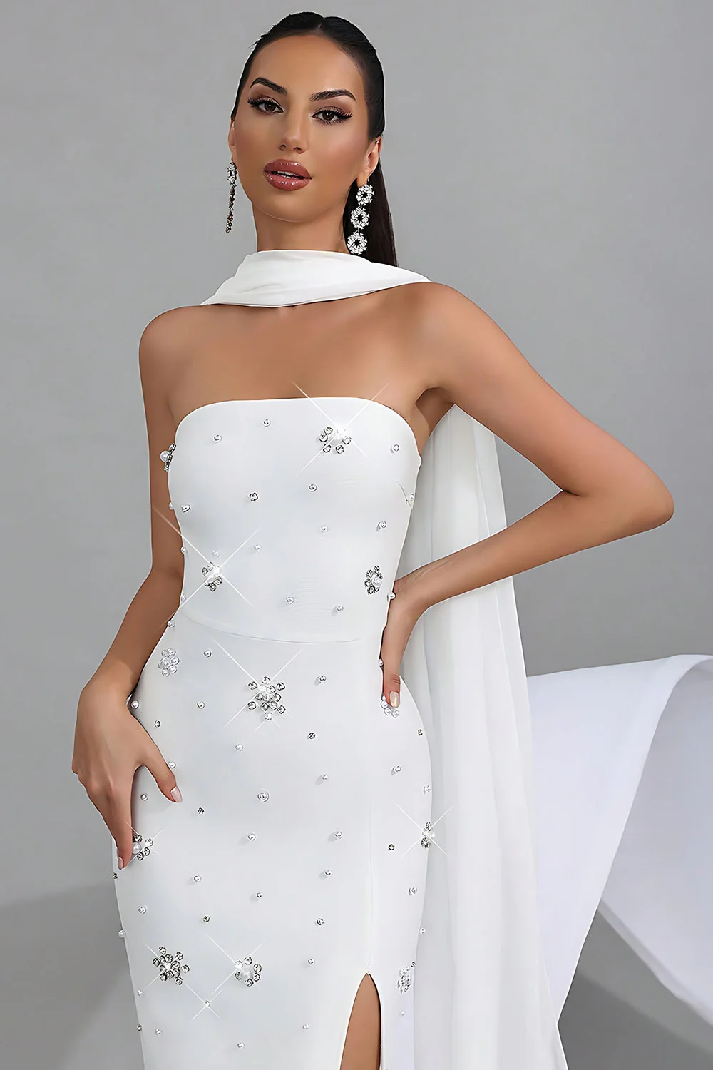 Sparkly White Strapless Sheath Convertible Long Prom Dress with Slit - Image 6