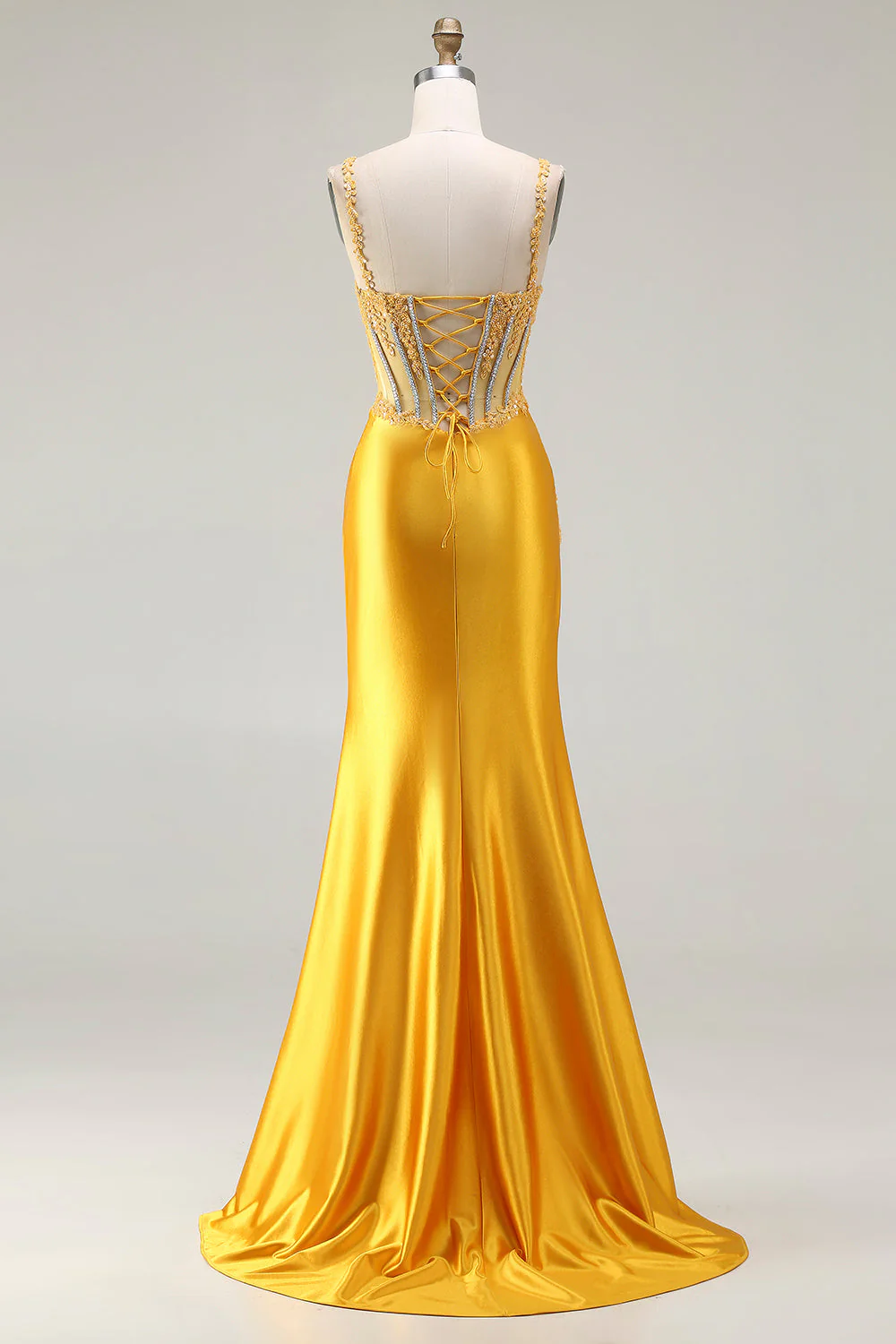 Sparkly Yellow Mermaid Sequin Corset Rhinestones Long Prom Dress with Slit - Image 2