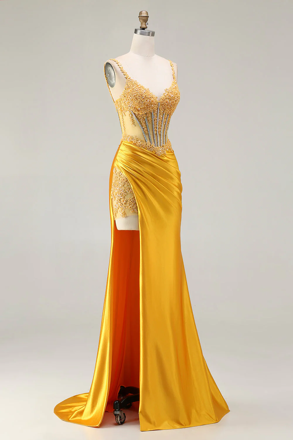 Sparkly Yellow Mermaid Sequin Corset Rhinestones Long Prom Dress with Slit - Image 3