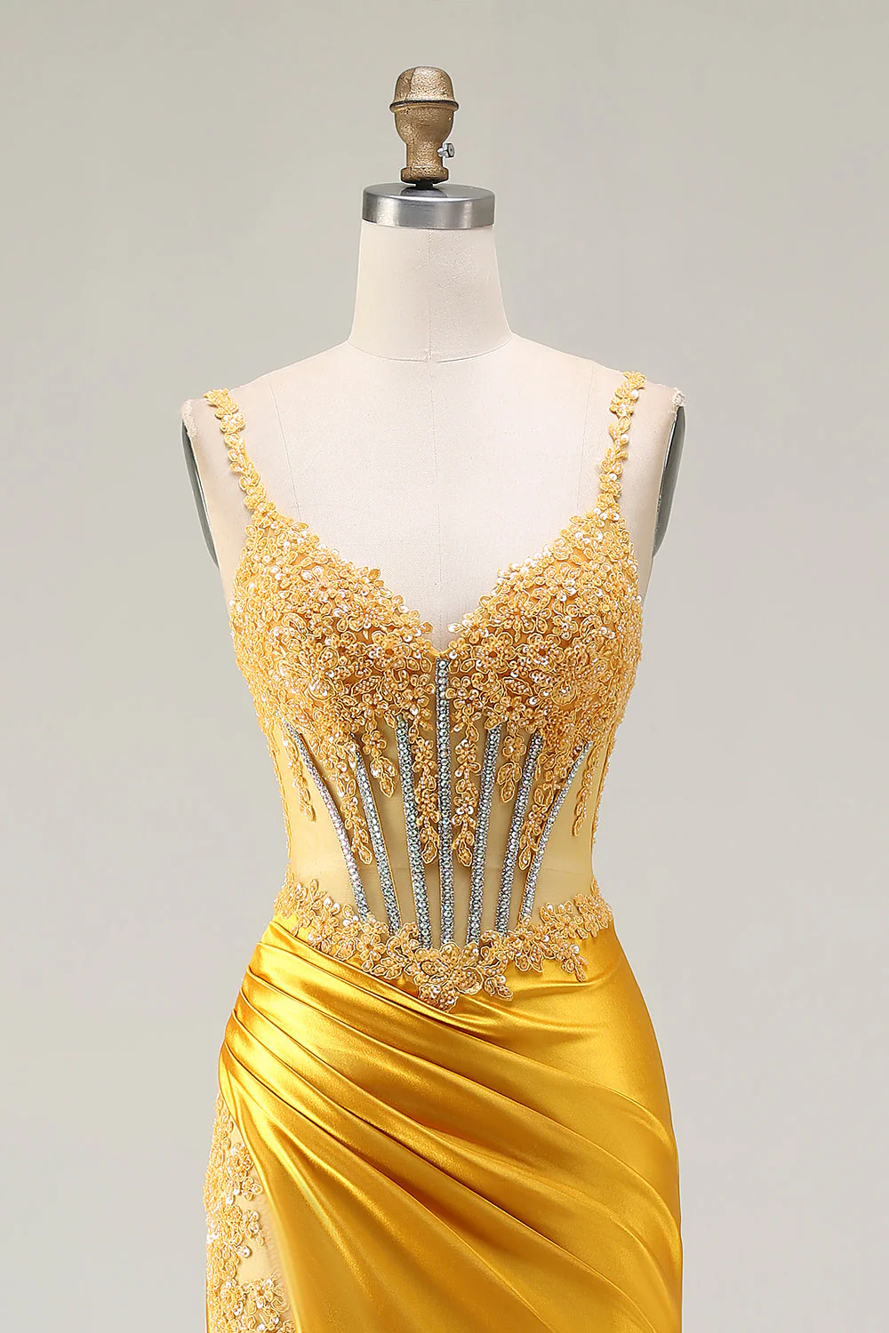 Sparkly Yellow Mermaid Sequin Corset Rhinestones Long Prom Dress with Slit - Image 4