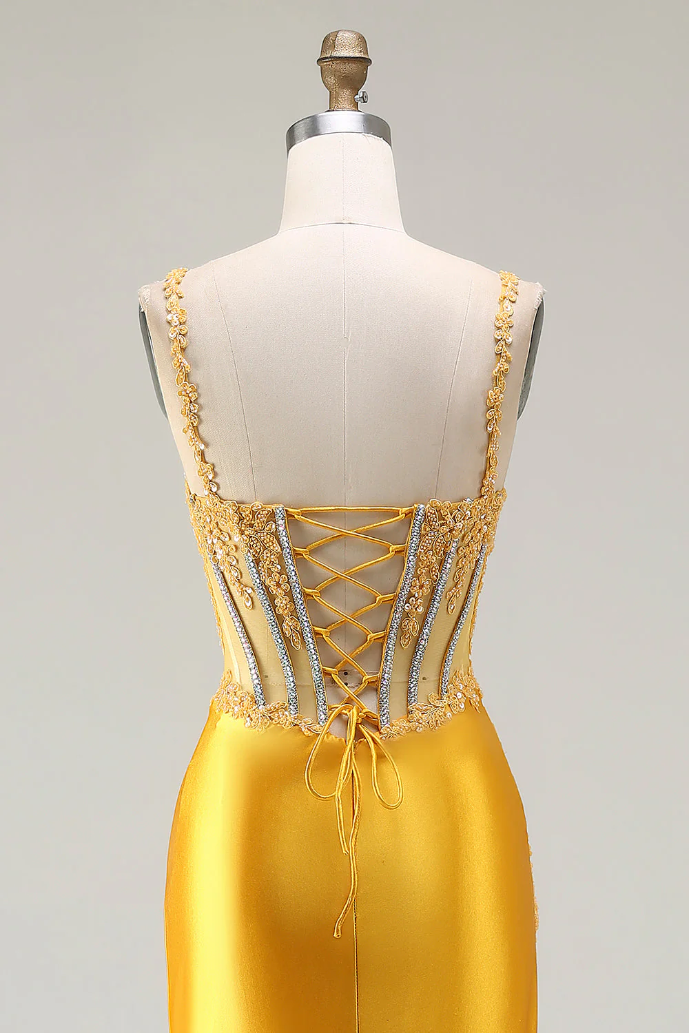 Sparkly Yellow Mermaid Sequin Corset Rhinestones Long Prom Dress with Slit - Image 5