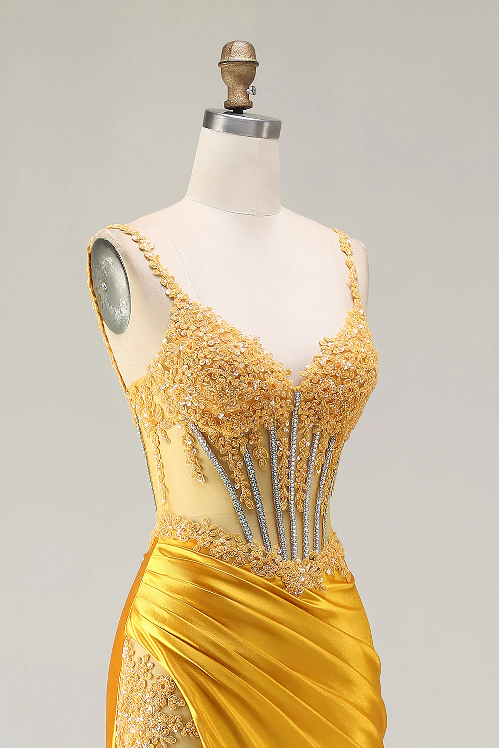 Sparkly Yellow Mermaid Sequin Corset Rhinestones Long Prom Dress with Slit - Image 6