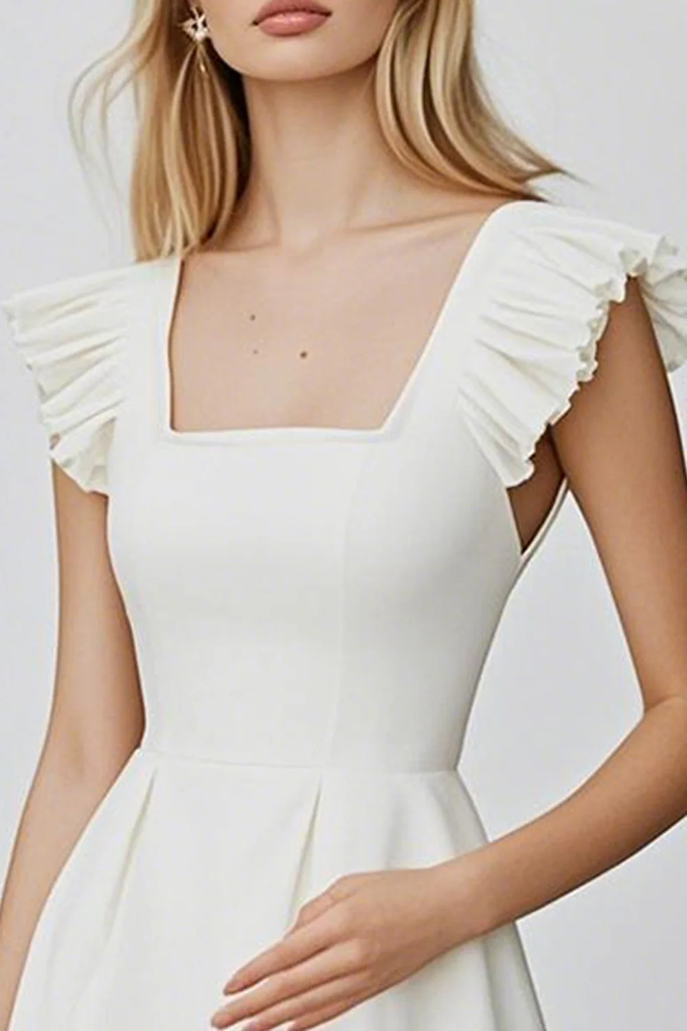 Square Neck Flutter Sleeves A Line Ivory Graduation Dress - Image 2