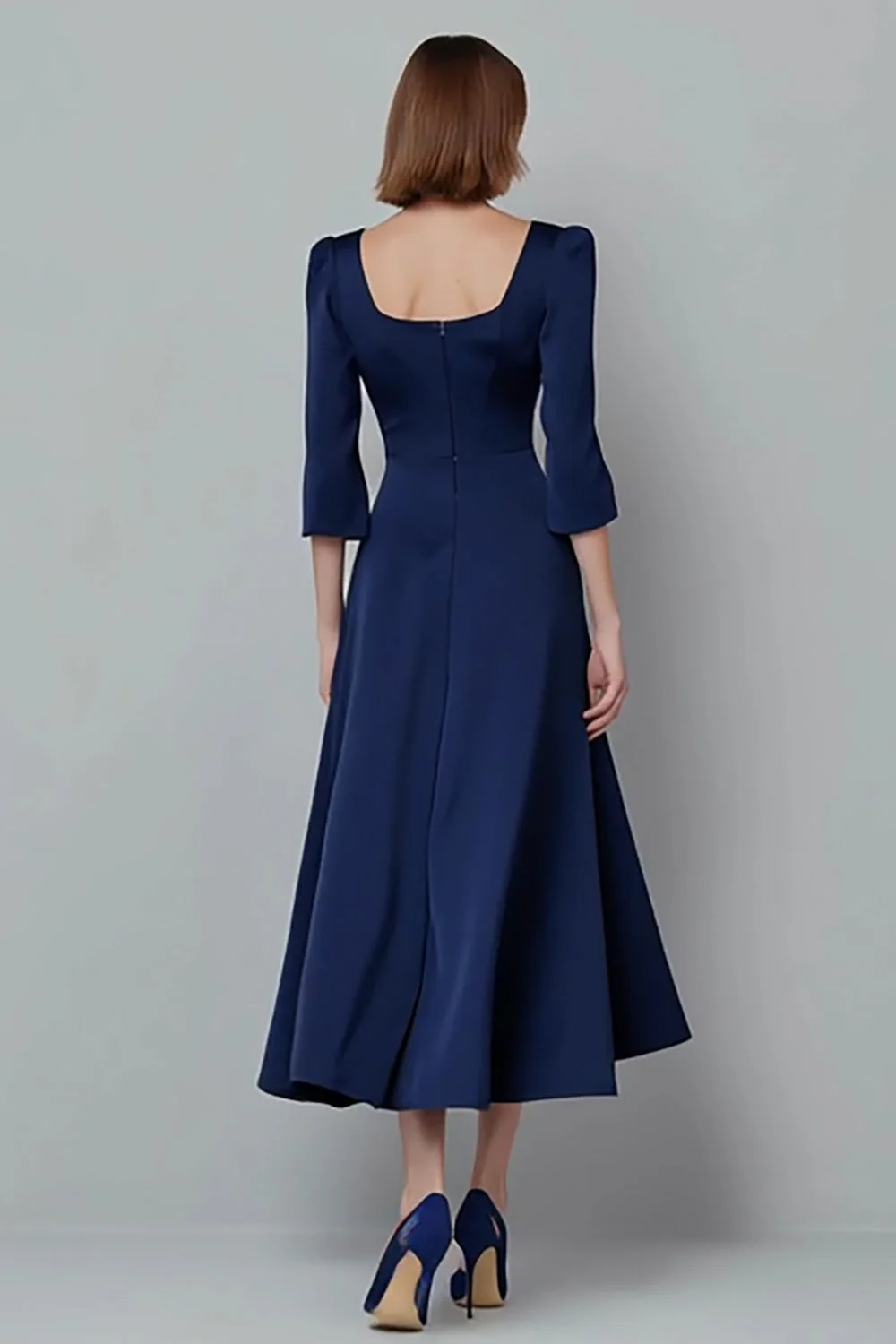 Square Neck Satin Navy A Line Midi Work Dress - Image 2
