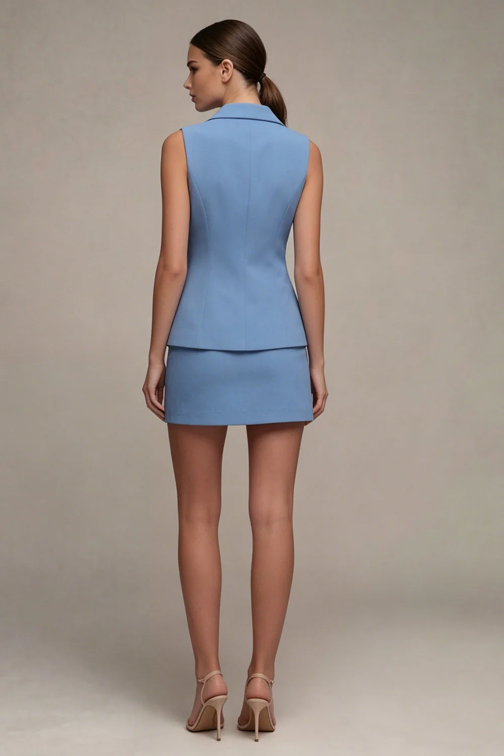 2 Piece Notched Lapel Steel Blue Single Breasted Short Work Dress - Image 2