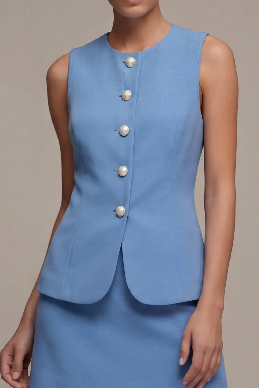 Steel Blue 2 Piece Round Neck Short Single Breasted Work Dress - Image 3