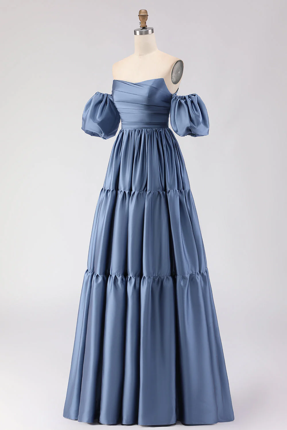 Steel Blue Off The Shoulder Satin A-Line Long Prom Dress with Removable Sleeves - Image 3