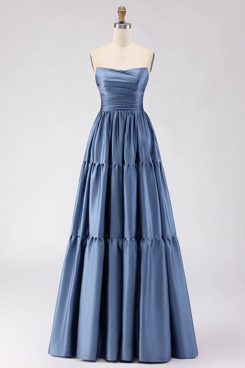 Steel Blue Off The Shoulder Satin A-Line Long Prom Dress with Removable Sleeves - Image 4