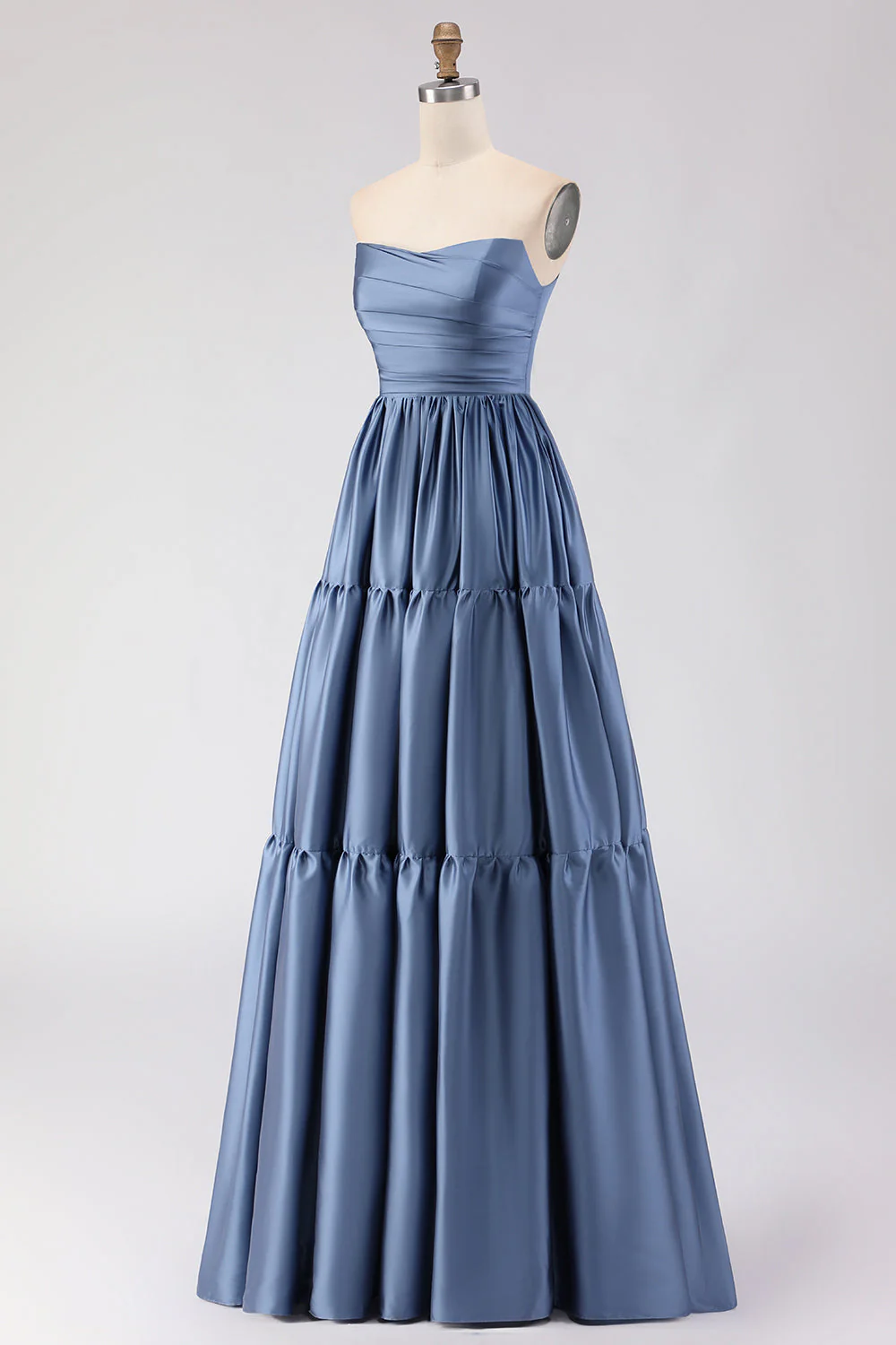 Steel Blue Off The Shoulder Satin A-Line Long Prom Dress with Removable Sleeves - Image 5