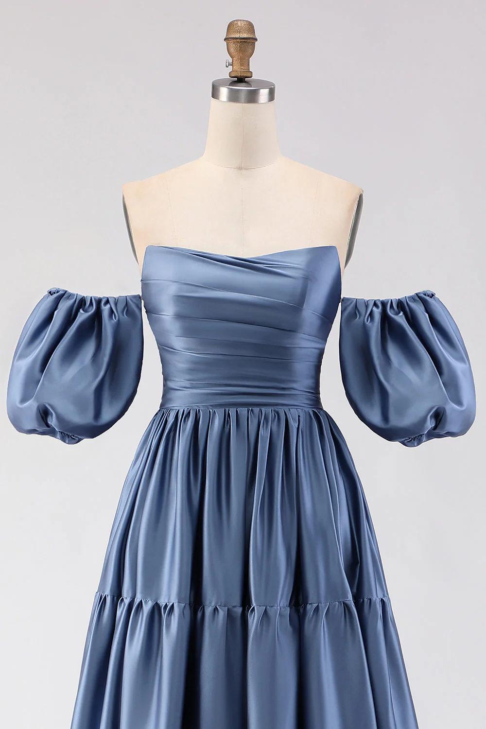 Steel Blue Off The Shoulder Satin A-Line Long Prom Dress with Removable Sleeves - Image 7