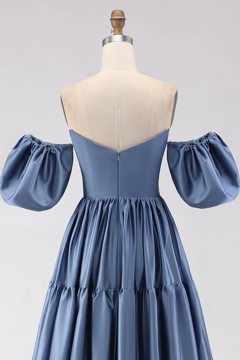 Steel Blue Off The Shoulder Satin A-Line Long Prom Dress with Removable Sleeves - Image 8