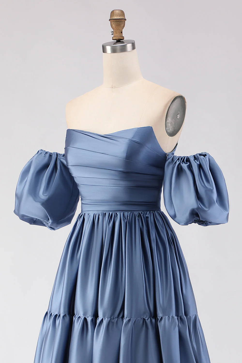 Steel Blue Off The Shoulder Satin A-Line Long Prom Dress with Removable Sleeves - Image 9