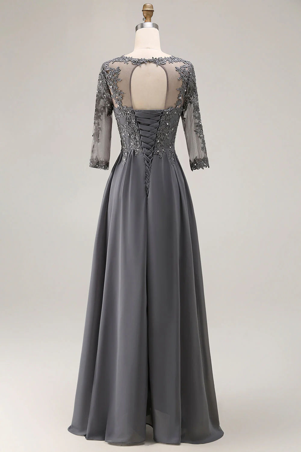 Steel Grey Appliqued A Line Pleated Beaded Mother Of The Bride Dress with Half Sleeves - Image 2