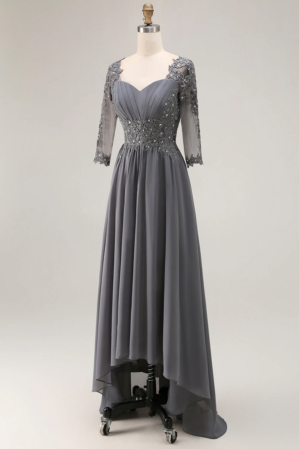 Steel Grey Appliqued A Line Pleated Beaded Mother Of The Bride Dress with Half Sleeves - Image 3