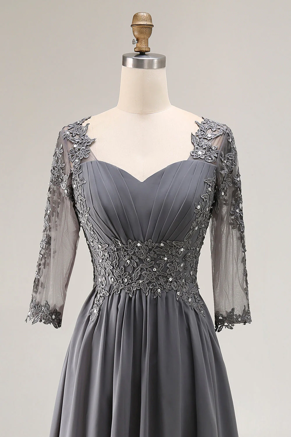 Steel Grey Appliqued A Line Pleated Beaded Mother Of The Bride Dress with Half Sleeves - Image 4
