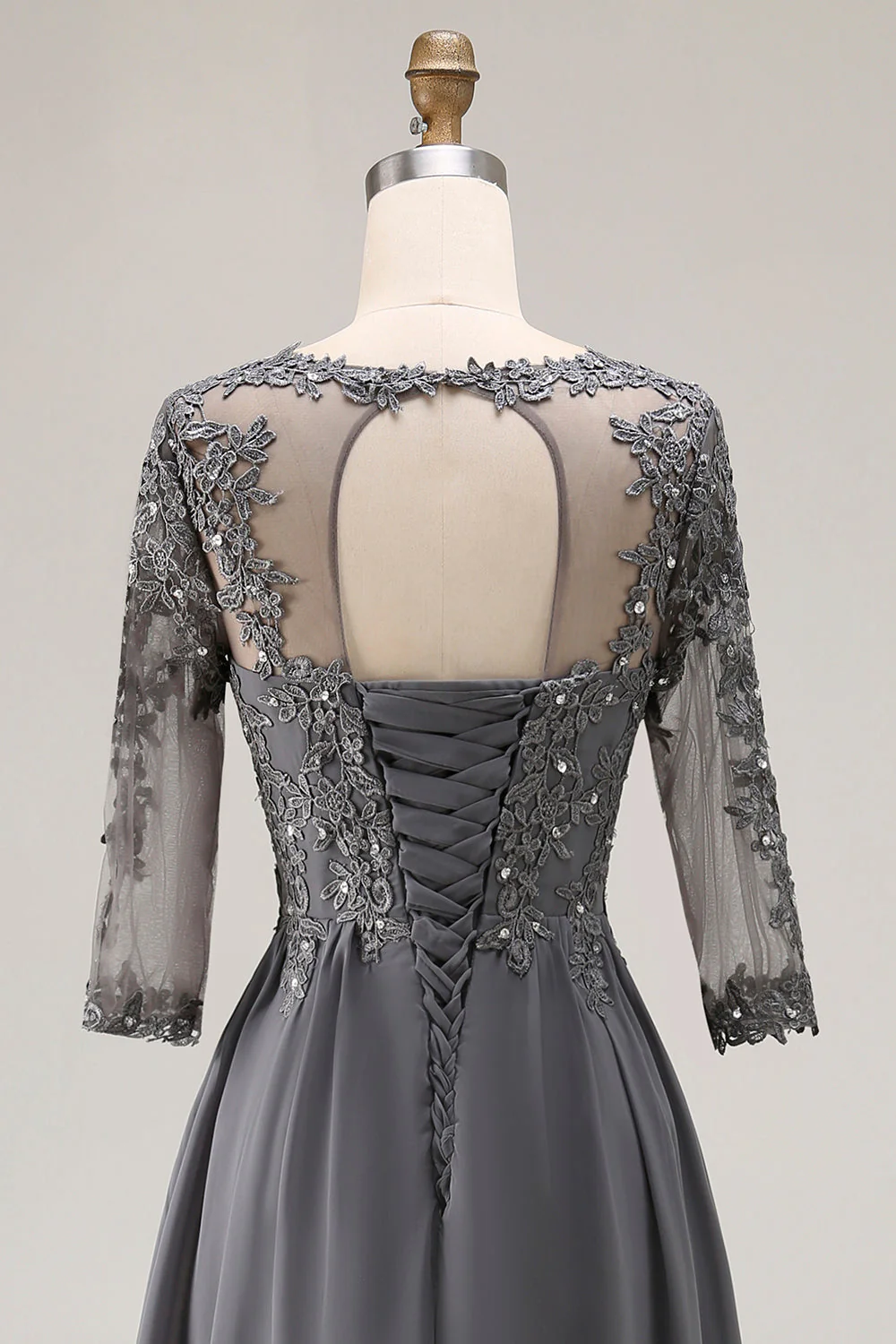 Steel Grey Appliqued A Line Pleated Beaded Mother Of The Bride Dress with Half Sleeves - Image 5