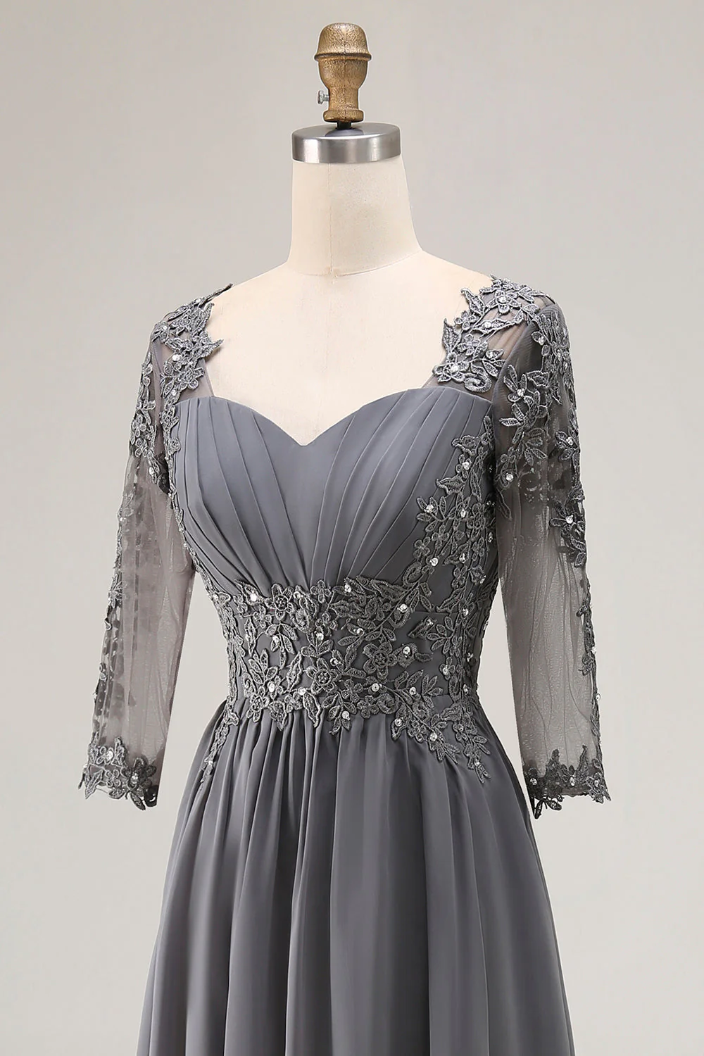 Steel Grey Appliqued A Line Pleated Beaded Mother Of The Bride Dress with Half Sleeves - Image 6