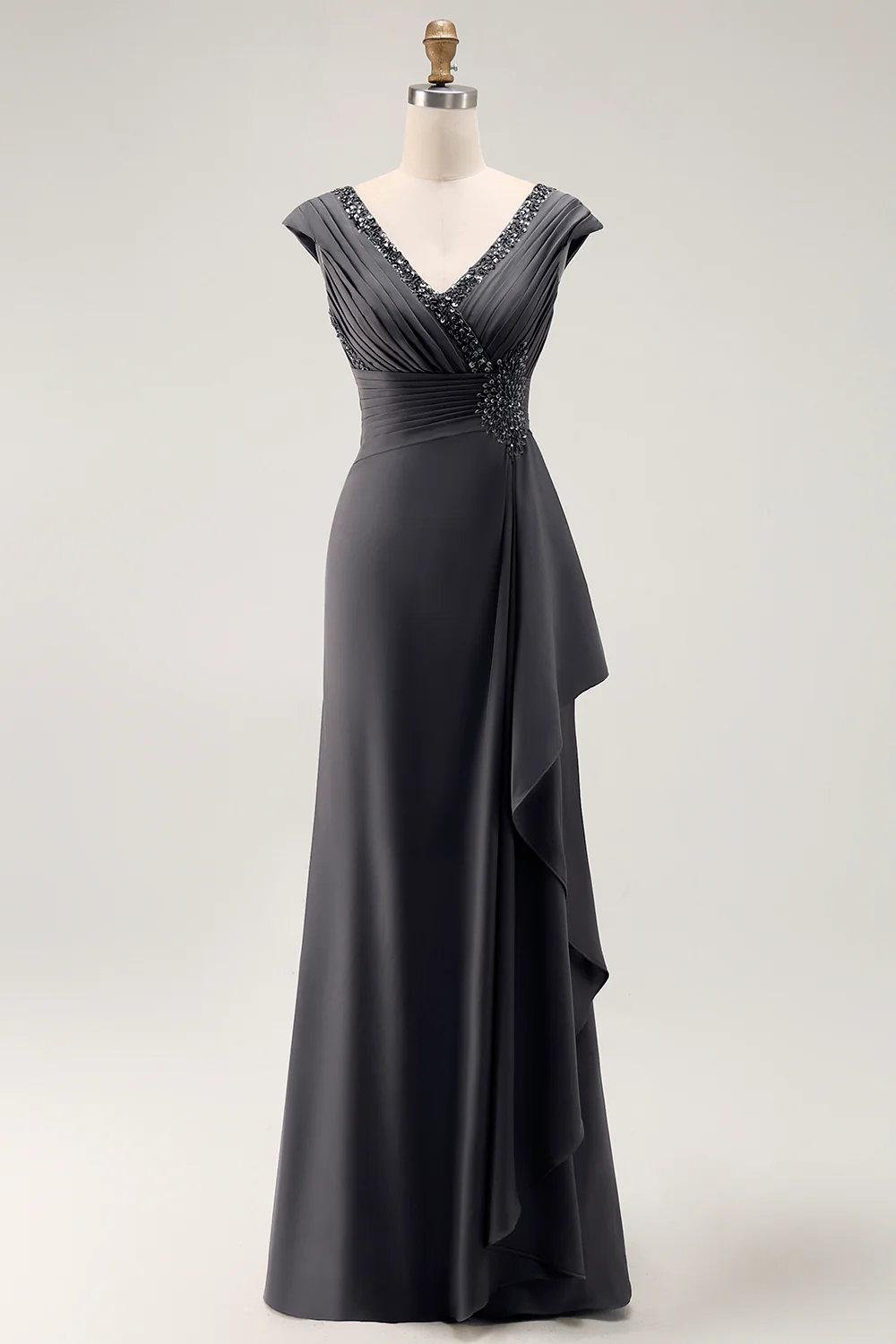 Steel Grey Sheath Chiffon Long Mother of the Bride Dress with Ruffles - Image 3