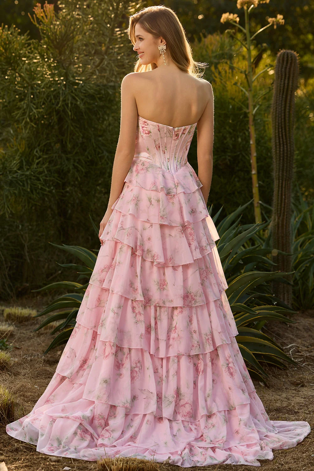 Strapless A-Line Dark Blue Basque Waist Corset Long Floral Prom Dress with Ruffles - Image 13