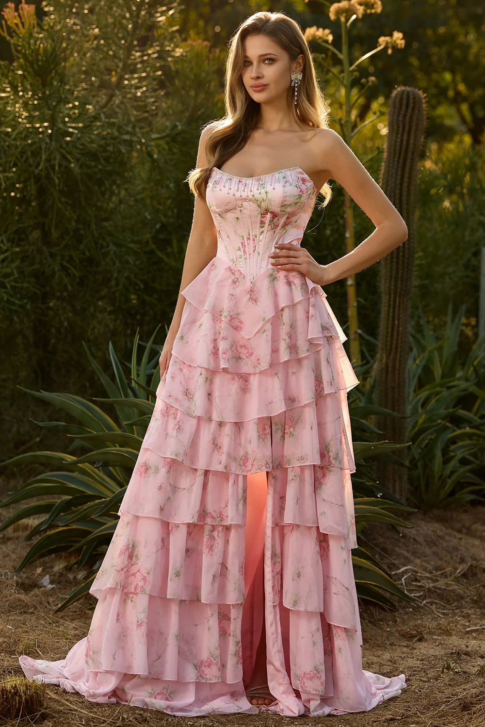 Strapless A-Line Dark Blue Basque Waist Corset Long Floral Prom Dress with Ruffles - Image 15