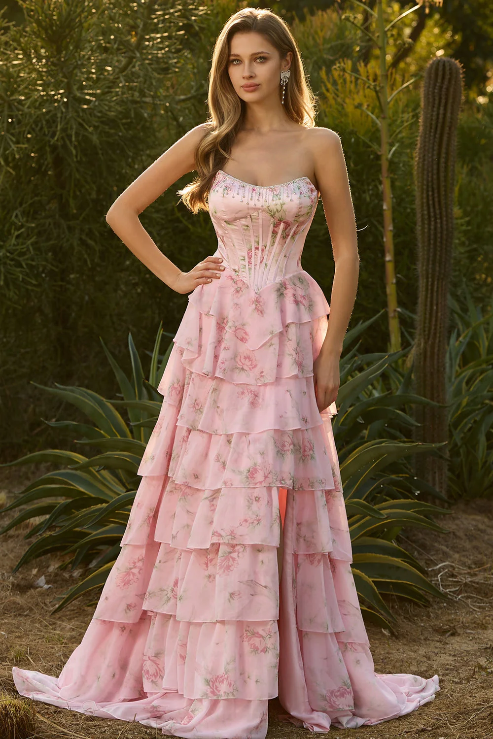 Strapless A-Line Dark Blue Basque Waist Corset Long Floral Prom Dress with Ruffles - Image 16