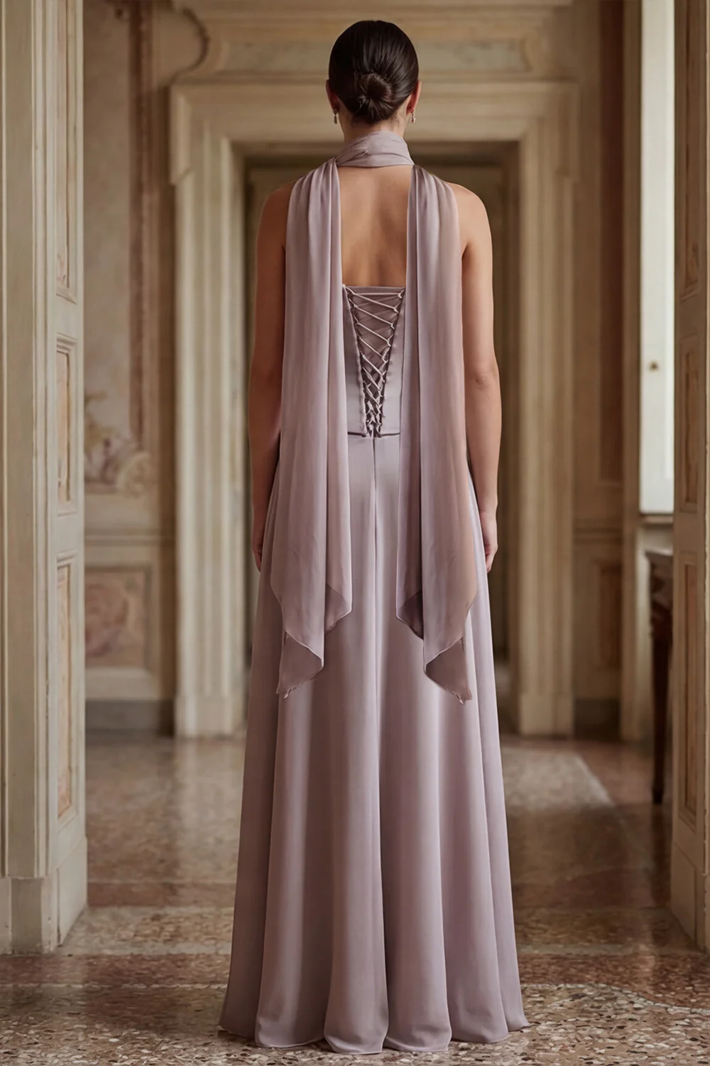 Strapless A Line Dusk Chiffon Long Bridesmaid Dress with a Neck Scarf - Image 2