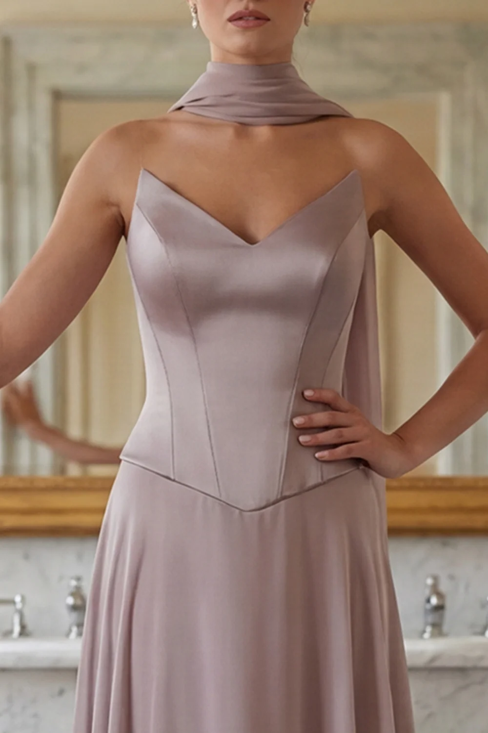 Strapless A Line Dusk Chiffon Long Bridesmaid Dress with a Neck Scarf - Image 3