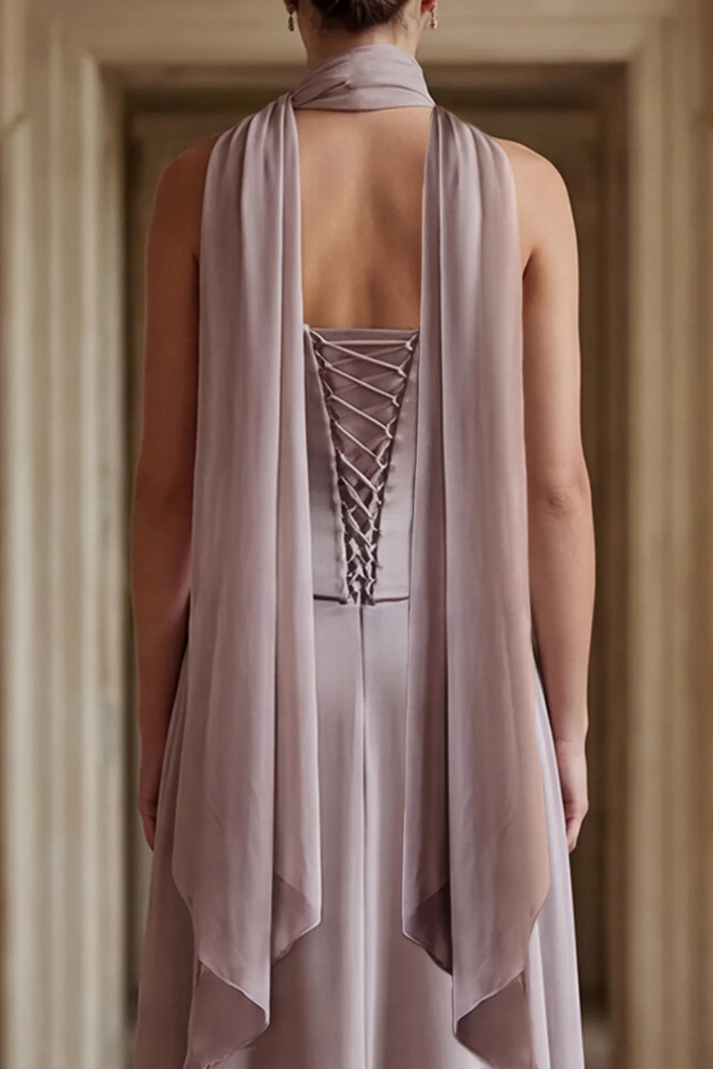 Strapless A Line Dusk Chiffon Long Bridesmaid Dress with a Neck Scarf - Image 4