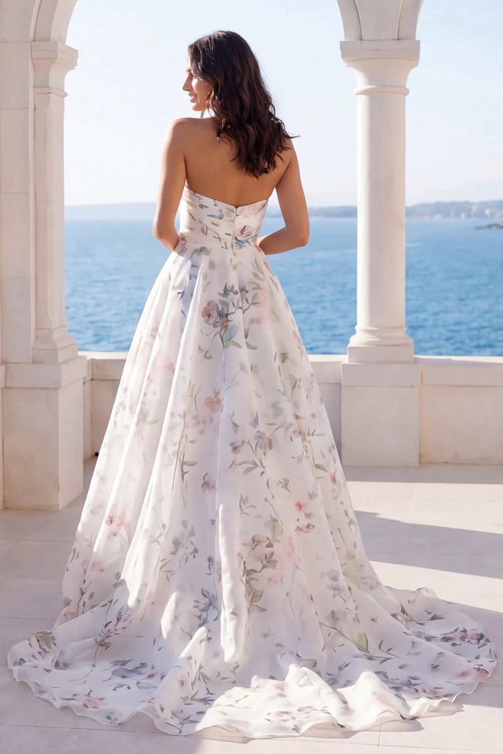 Strapless A Line Ivory Printed Floral Wedding Dress - Image 2