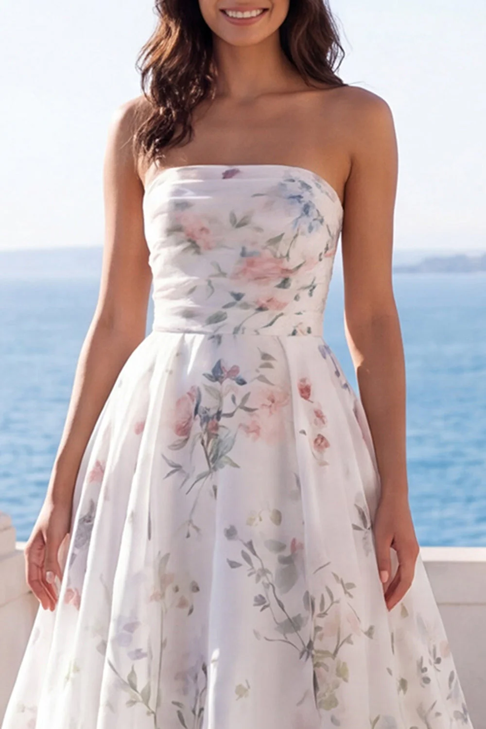 Strapless A Line Ivory Printed Floral Wedding Dress - Image 3