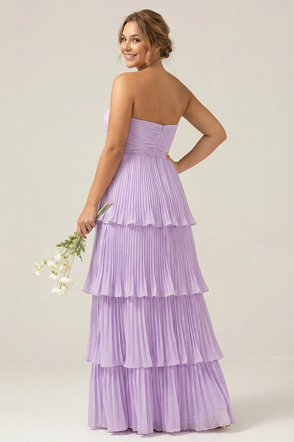 Strapless A-Line Lilac Pleated Chiffon Plus Size Long Bridesmaid Dress with Ruffles - Image 2