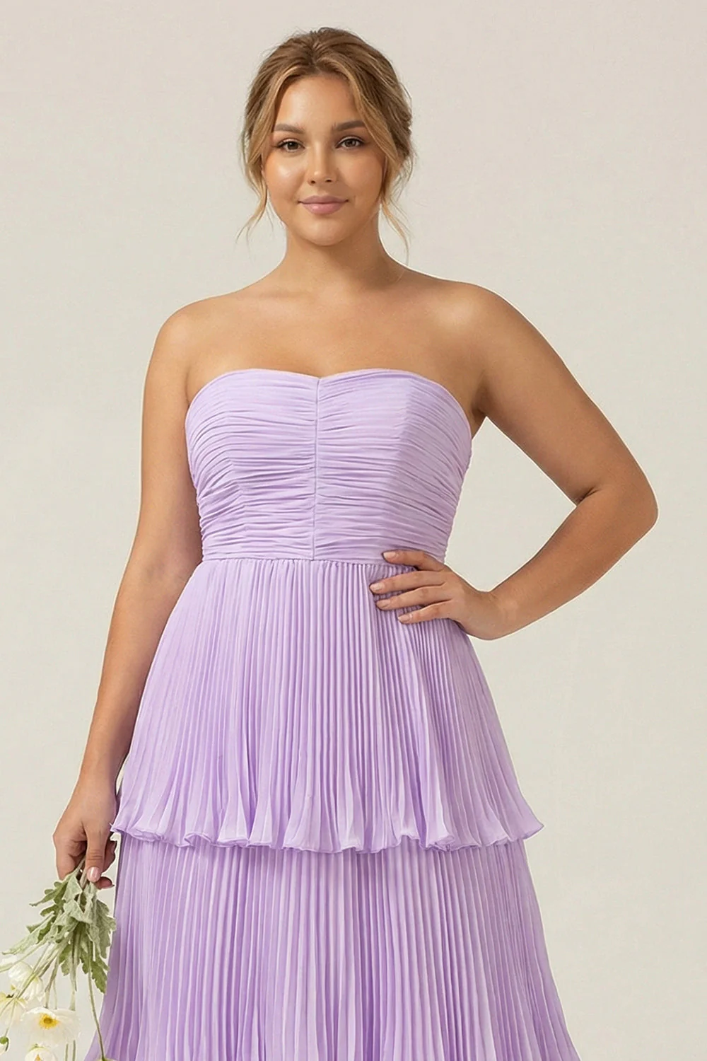Strapless A-Line Lilac Pleated Chiffon Plus Size Long Bridesmaid Dress with Ruffles - Image 3