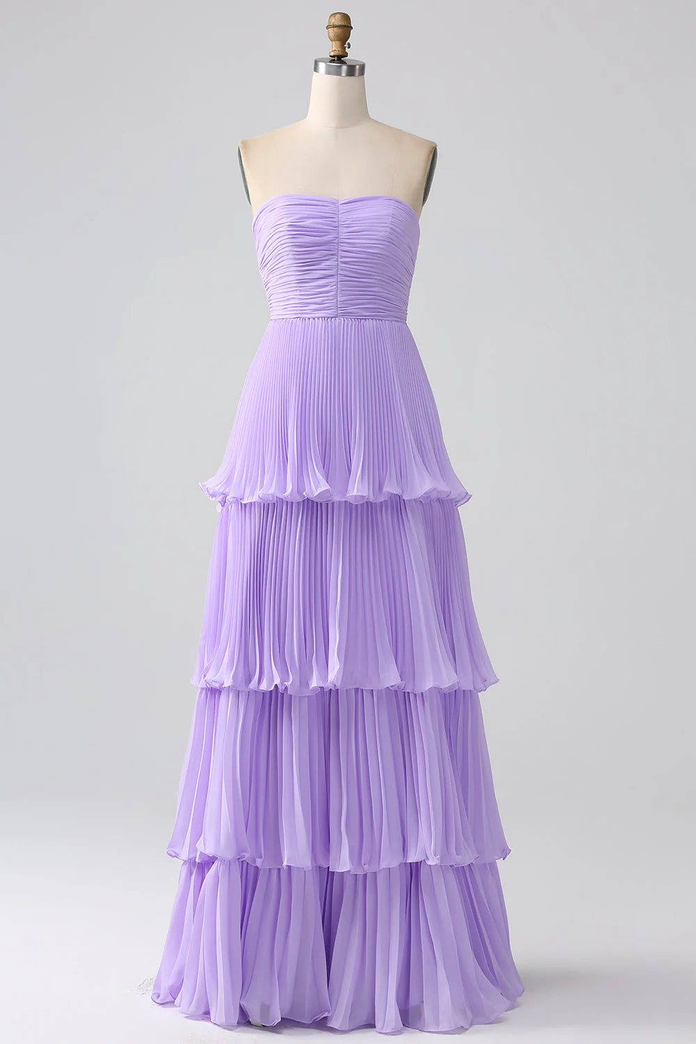 Strapless A-Line Lilac Pleated Chiffon Plus Size Long Bridesmaid Dress with Ruffles - Image 5