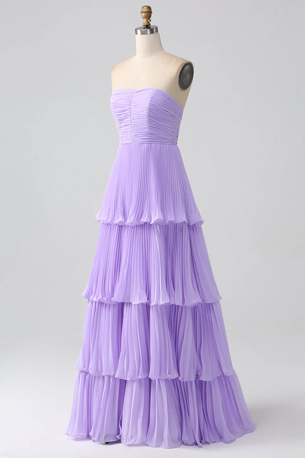 Strapless A-Line Lilac Pleated Chiffon Plus Size Long Bridesmaid Dress with Ruffles - Image 7