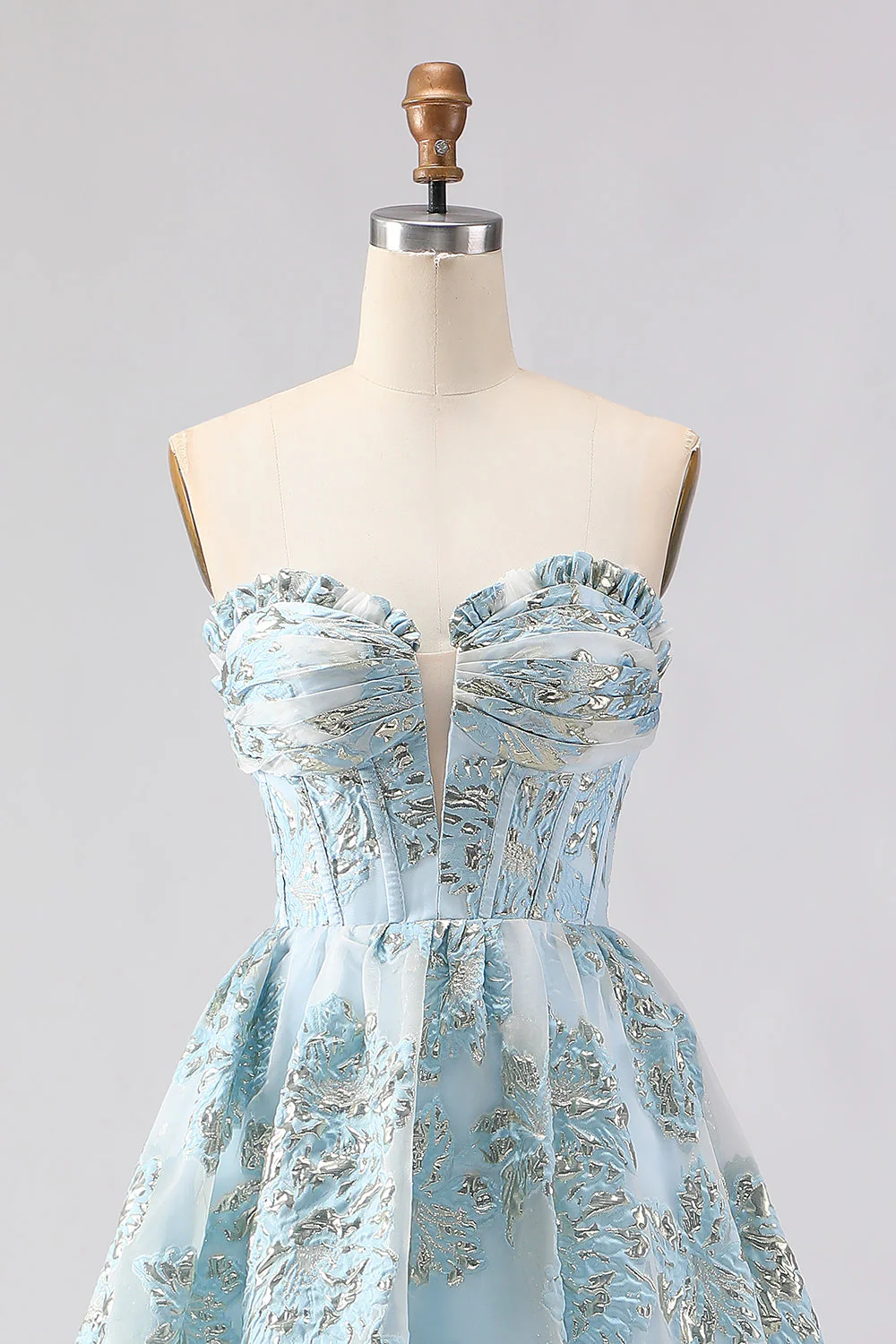 Strapless A Line Pink Jacquard Corset Long Prom Dress with Slit - Image 10