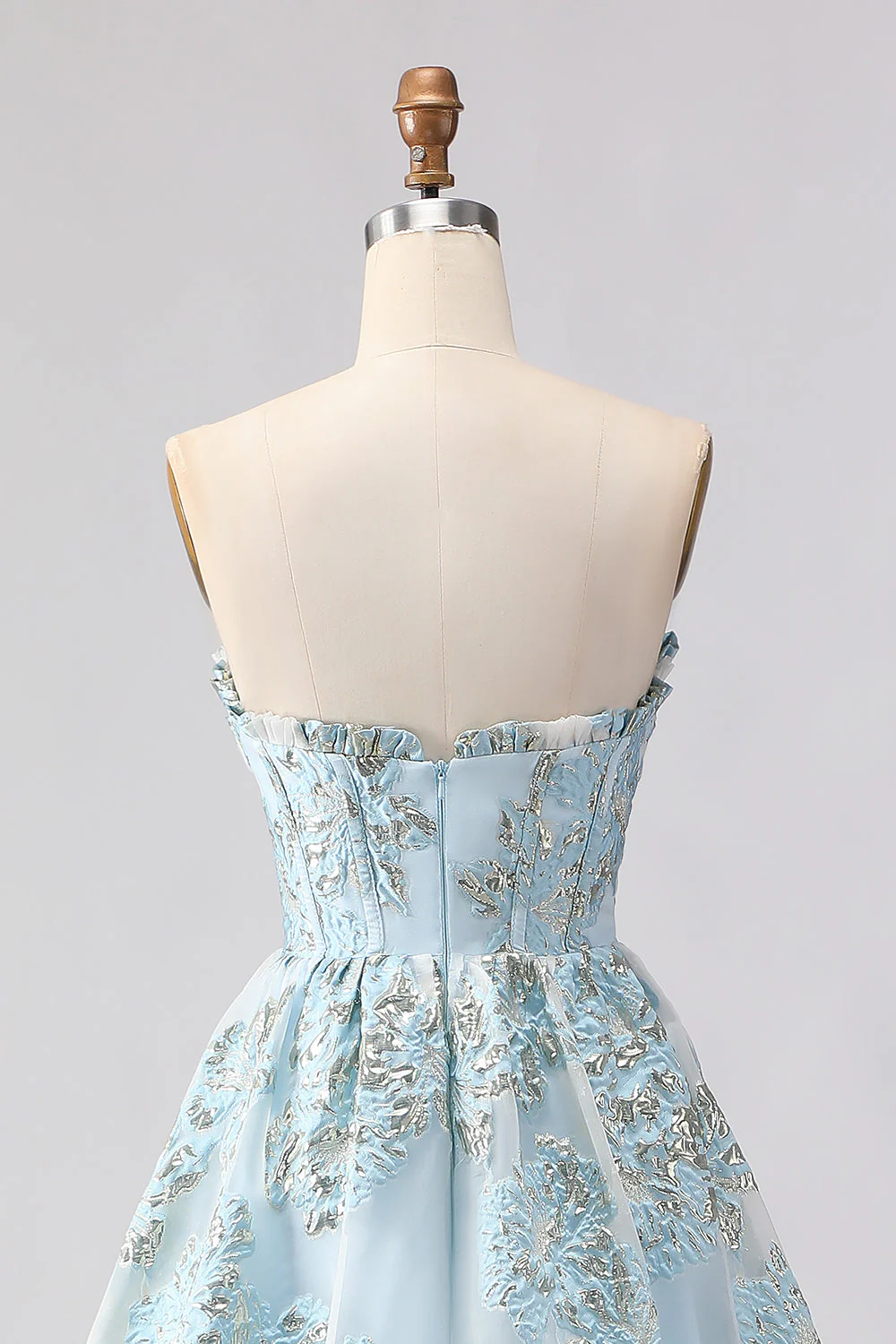 Strapless A Line Pink Jacquard Corset Long Prom Dress with Slit - Image 11