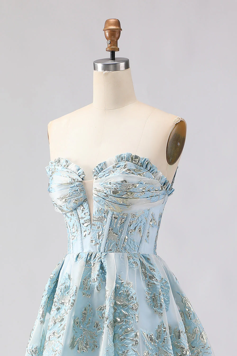 Strapless A Line Pink Jacquard Corset Long Prom Dress with Slit - Image 12