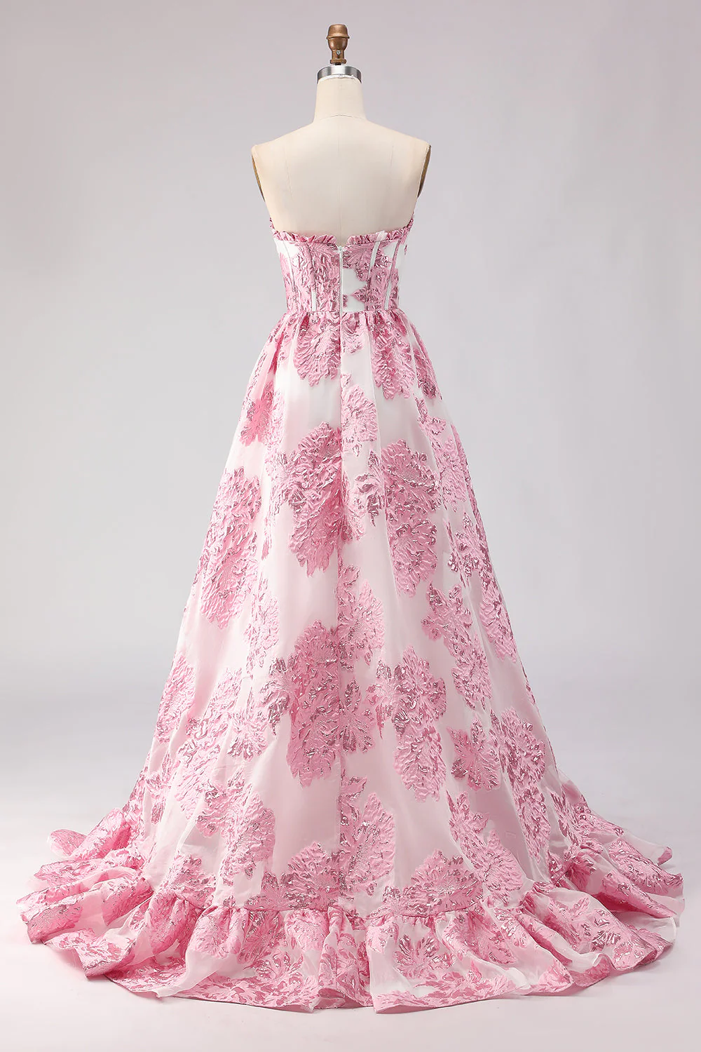 Strapless A Line Pink Jacquard Corset Long Prom Dress with Slit - Image 2