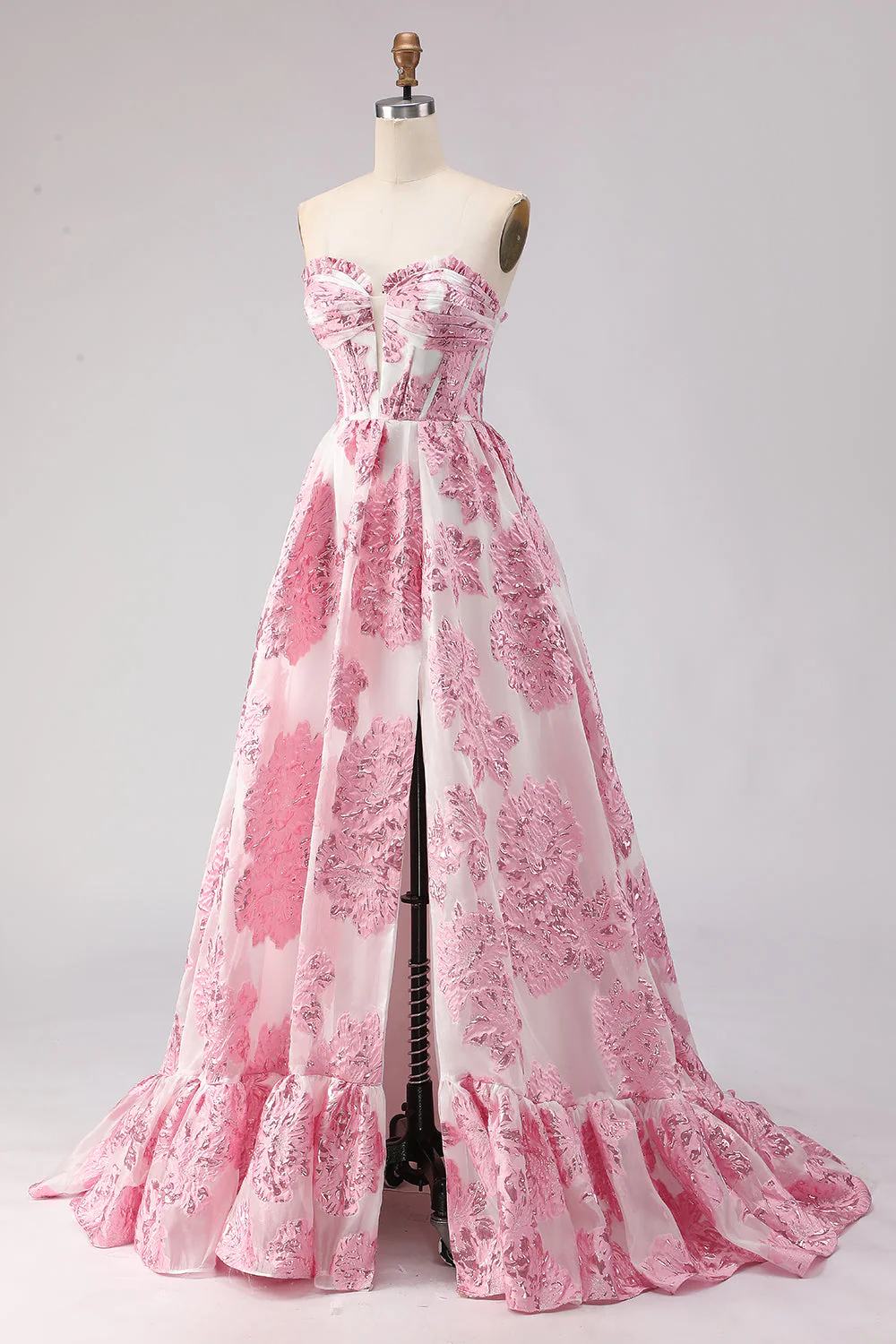 Strapless A Line Pink Jacquard Corset Long Prom Dress with Slit - Image 3