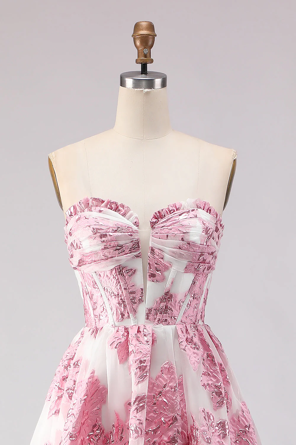 Strapless A Line Pink Jacquard Corset Long Prom Dress with Slit - Image 4