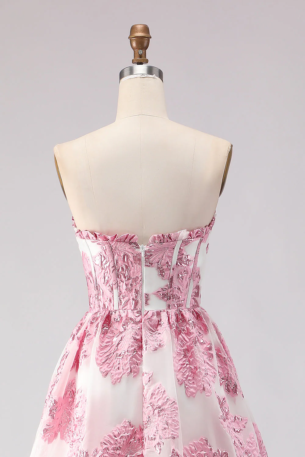 Strapless A Line Pink Jacquard Corset Long Prom Dress with Slit - Image 5