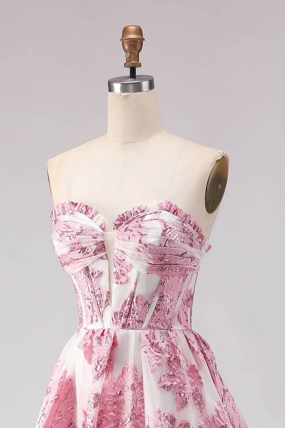 Strapless A Line Pink Jacquard Corset Long Prom Dress with Slit - Image 6