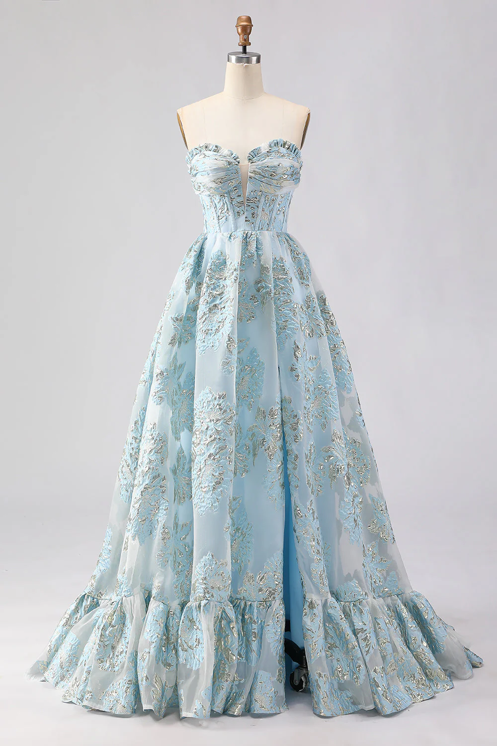Strapless A Line Pink Jacquard Corset Long Prom Dress with Slit - Image 7